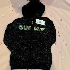 NWOT Girls black and silver GUESS logo zip up hoodie jacket with fur size 10🩷